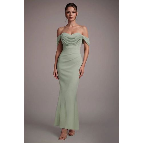 Goddiva Petite Bardot Scuba & Chiffon Cowl Maxi Dress - Sage Green
