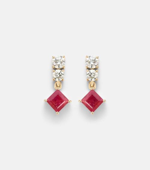 14kt gold (585/1000) earrings with diamonds, pink sapphire, and ruby