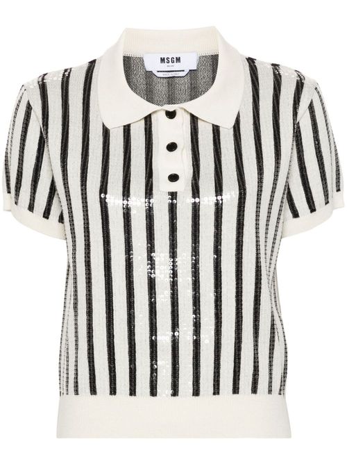 Sequin-embellished striped polo jumper - White