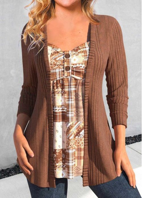 Modlily Dark Coffee Button Geometric Print T Shirt