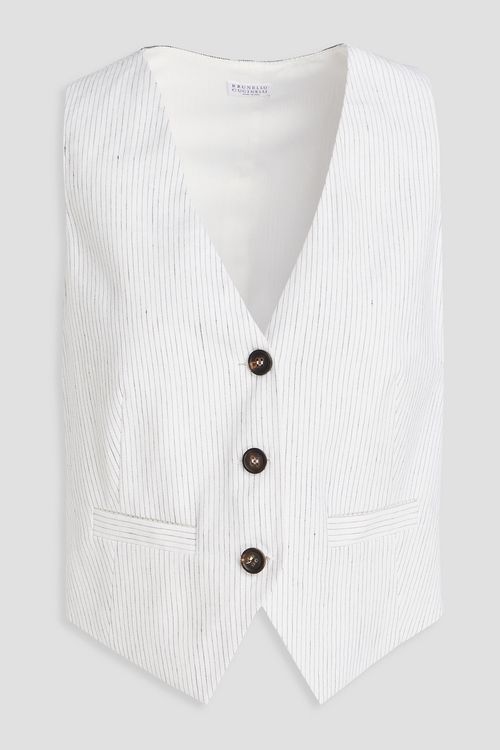 Brunello Cucinelli - Cropped bead-embellished pinstriped linen-blend vest - White - IT 42