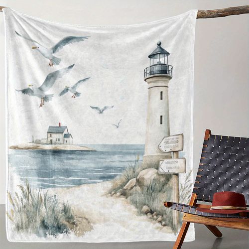 TEMU Cozy Vintage Lighthouse & Seagull Print Flannel Blanket – Soft, Warm, Throw For Sofa, Bed, Car, Office, Camping, And Travel – Perfect Gift With