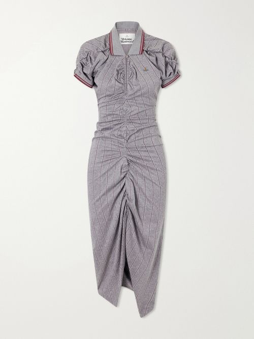 Logo-embroidered Striped Gathered Cotton Jersey Midi Dress - Gray