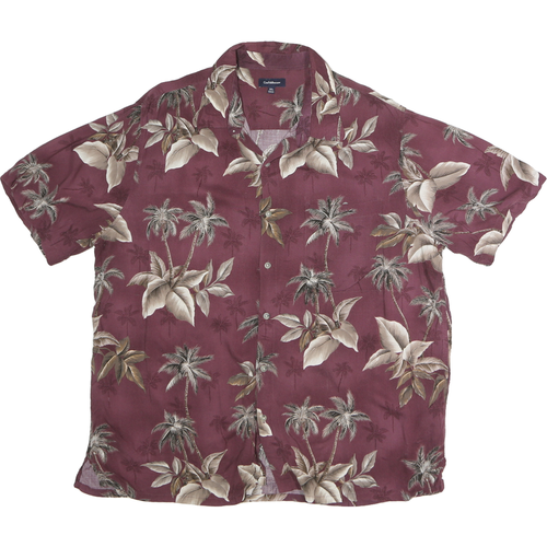 CROFT & BARROW Mens Burgundy & Beige Hawaiian Shirt XL Rayon Tropical Print