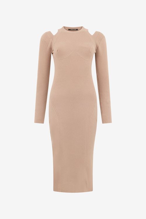 Beige Cut-out Ribbed Midi Dress