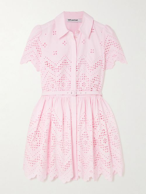 Scalloped Broderie Anglaise Cotton Mini Shirt Dress - Pink