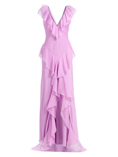 Women's Estella Ruffled Chiffon Bias-Cut Gown - Pink Dolphin