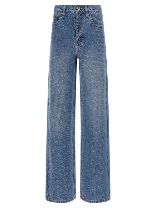 Rhinestone Denim Straight Leg Jeans Blue