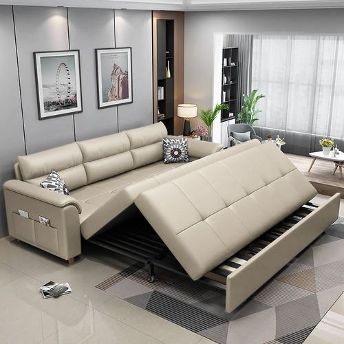 Leather Queen Size Sleeper Sofa with Trundle Pull Out Sofa Bed