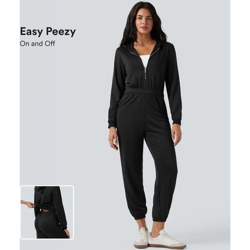 Halara Hooded Long Sleeve Casual Jogger Jumpsuit with Pockets-Easy Peezy Edition - Black - XLregular
