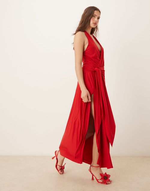 Abercrombie & Fitch | Abercrombie & Fitch halter neck elevated jersey knot  front maxi dress in red-Green | Realry