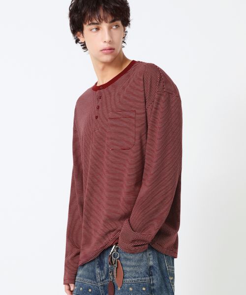 Thin Stripe Pocket Henry Neck Long Sleeve_4color