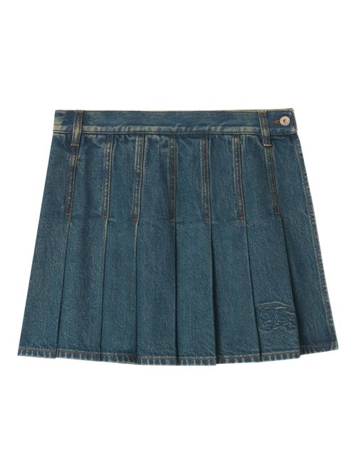 Pleated Denim Mini Skirt with Side Button Closure and Equestrian Knight Hem Embroidery