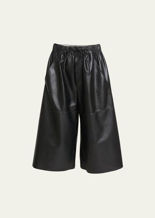 Cropped Wide-Leg Pull-On Leather Pants
