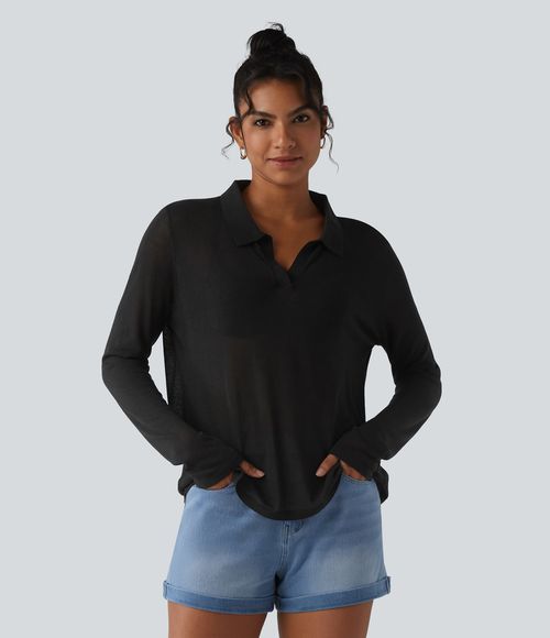 Polo Neck Long Sleeve Lyocell Linen Casual Sweater - Black