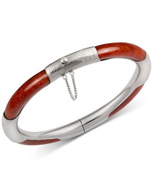 Dyed Green Jade (7mm) Bangle Bracelet in Sterling Silver (Also available in Red, Black and Green and Red Dyed Jade) - Red