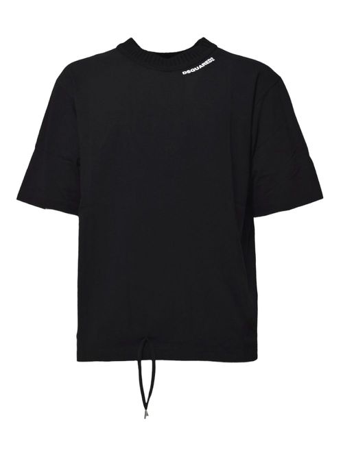 Drawstring-hem T-shirt - Black