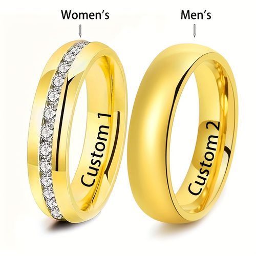 TEMU Customized 2pcs Engraved Letter And Number Name Couple Rings, Fashionable Wedding/engagement Anniversary Jewelry For Daily Wear