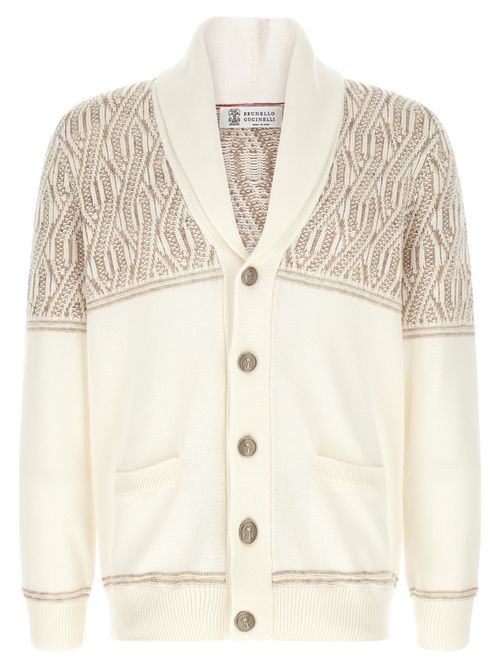 Beige Jacquard Shawl Neck Cardigan