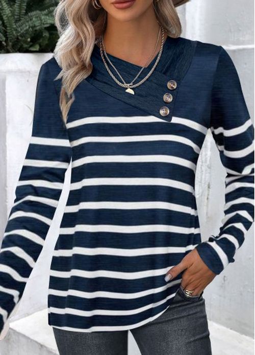 Modlily Navy Button Striped Long Sleeve T Shirt