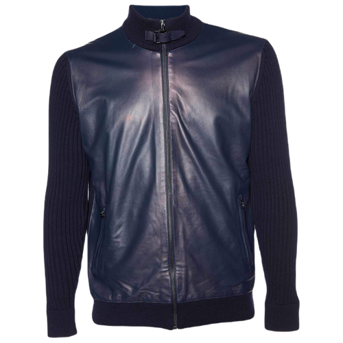 Leather & Wool Knit Zip Front Jacket — Navy