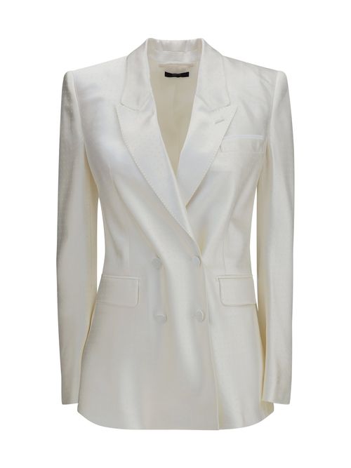 Polka-Dot Satin Double-Breasted Blazer — White