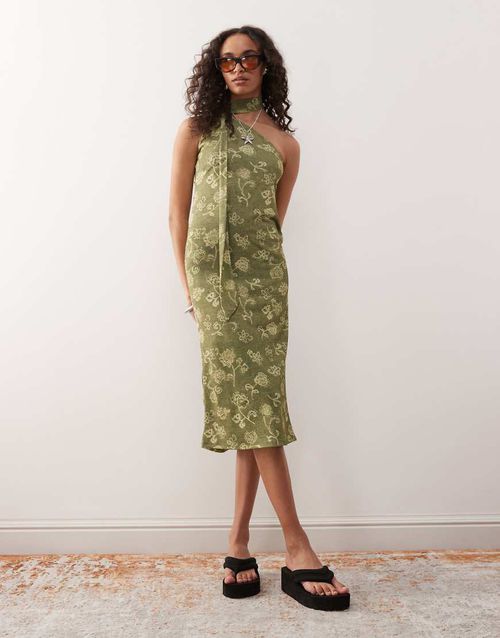 Reclaimed Vintage | one-shoulder midi dress with scarf detail in green print-Multi | Realry Reclaimed Vintage | one-shoulder midi dress with scarf detail in green print-Multi | Realry