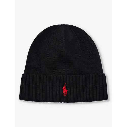 Mens Polo Black Brand-embroidered Folded-brim Wool Beanie