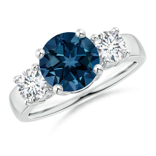 Angara 2.35 Carats Classic Round London Blue Topaz and Diamond Three Stone Engagement Ring in Silver