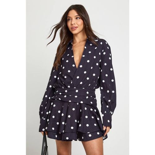 Boohoo Women's Polka Dot Ruched Front Mini Dress in Black