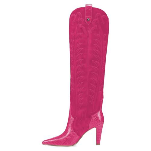 FSJ Women Pointed Toe Cowboy Boots Embroidered Chunky High Heel Knee High Boots Western Pull On Fashion Dress Shoes