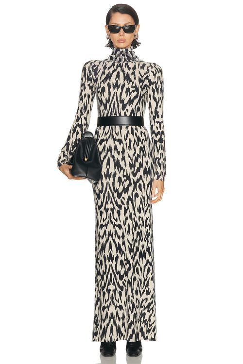 Brandon Maxwell Camille Turtleneck Dress in Abstract Leopard - Black. XS also in L