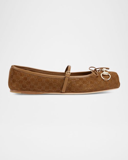 GG Suede Horsebit Mary Jane Ballerina Flats