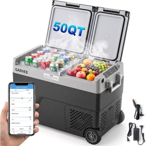 Garvee Dual Zone Car Refrigerator Freezer with Wheels, 48L/, 12V/24V DC & 100-240V AC, APP Control, -4℉~68℉, Portable Electric Cooler for Camping, RV, Travel – 2-in-1 Tabletop, Battery Charging Pad
