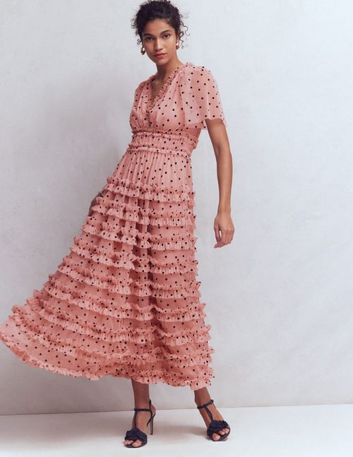Women's V-Neck Ruffle Tulle Dress in Pink | Size 0