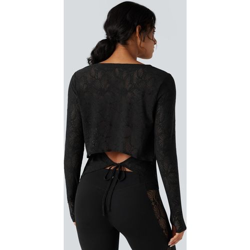 Halara Round Neck Long Sleeve Thumb Holes Tie Back Yoga Lace Sports Top - Black