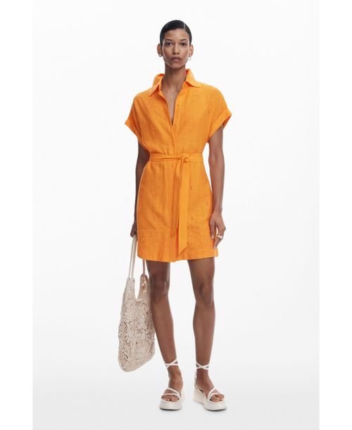 Women's Shirt dress with perforated hem - Orange