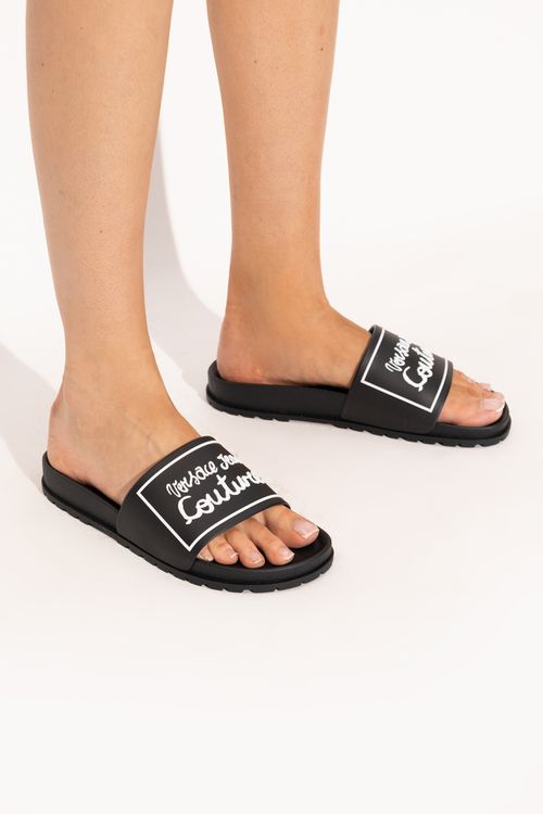 Rubber Slides With A Raised Logo, Women's, Black
