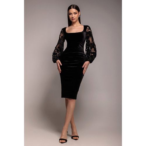 Goddiva Square Neck Scalloped Crochet Sleeve Velvet Midi Dress - Black
