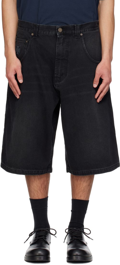 Black Appliqué Biker Cross Hip-Hop Denim Shorts