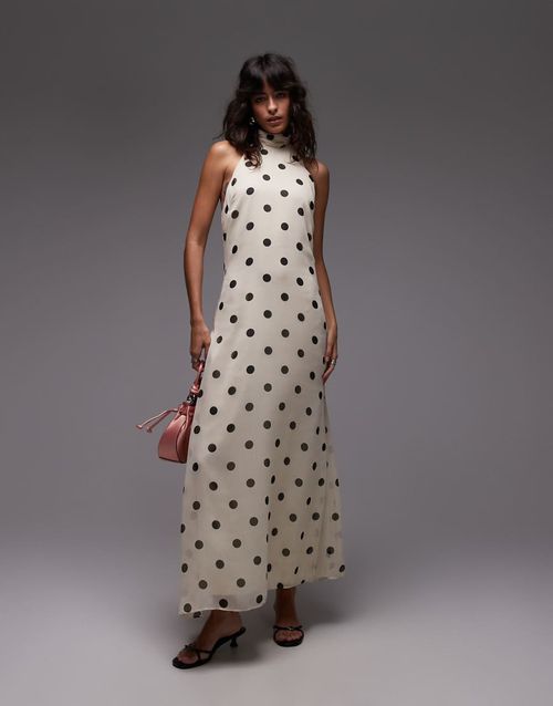 Chiffon high neck halter maxi dress in cream polka dot-Multi
