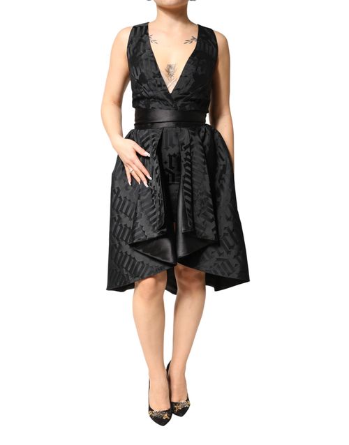 Jacquard Deep V-Neck Dress — Black