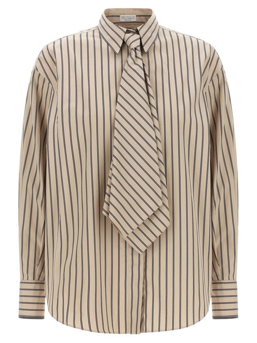 Striped Cotton with Integrated Tie Shirt — Beige