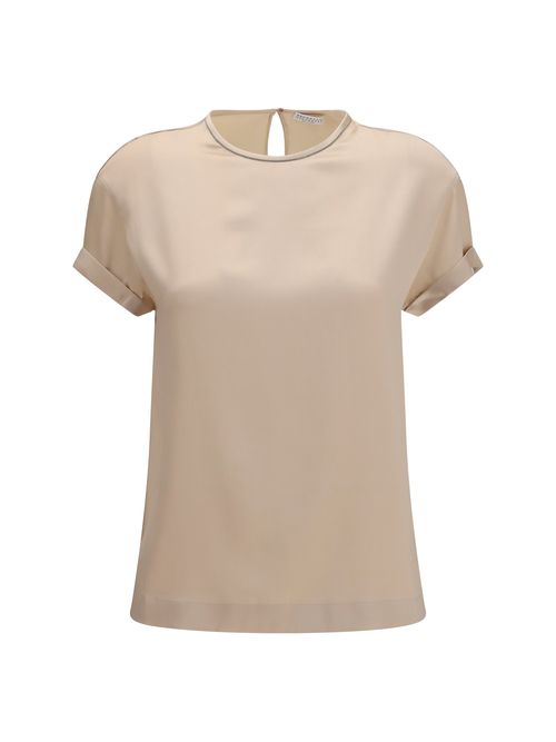 Silk Monili Chain-Embellished Blouse — Beige