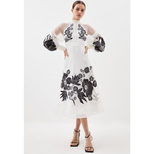 Petite Organdie Applique Buttoned Woven Midi Dress
