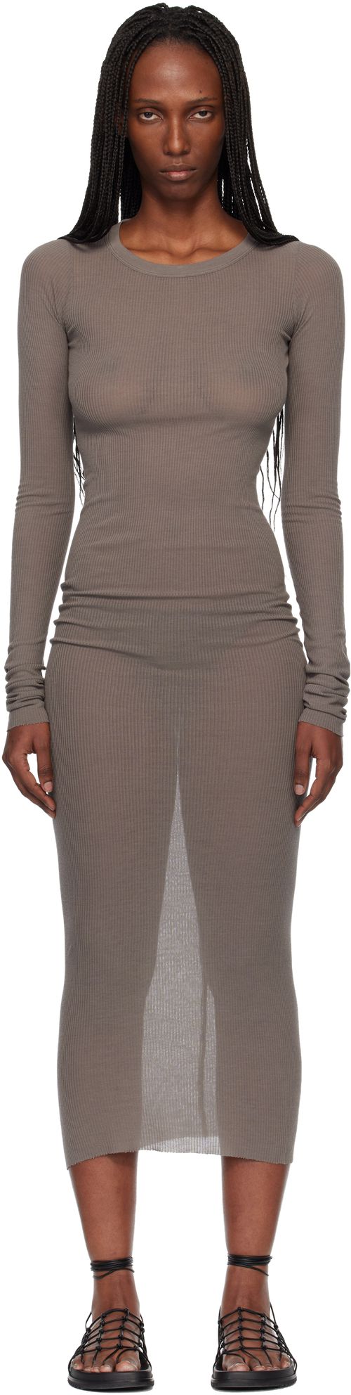 Gray Temple Rib LS Midi Dress
