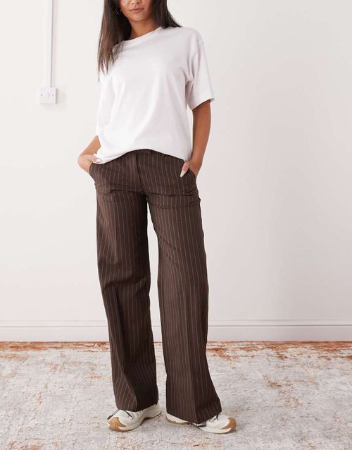 High waist wide leg tailored pants in brown pinstripes