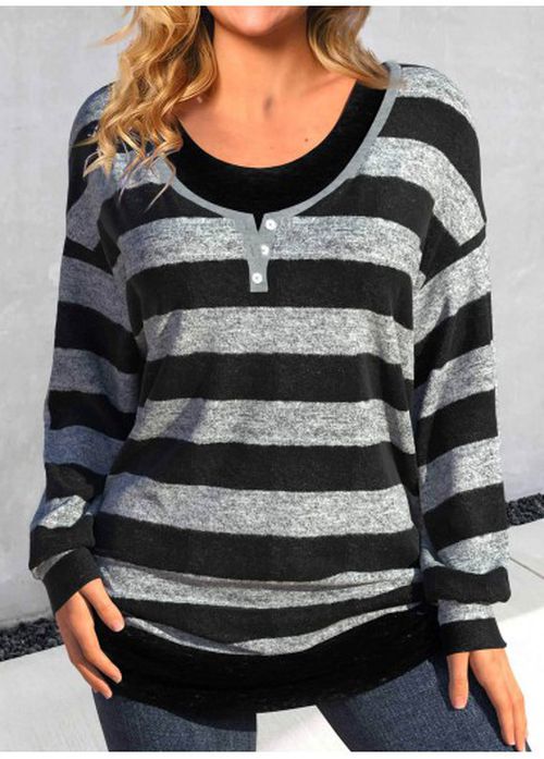 Modlily Black Fake 2in1 Striped Long Sleeve T Shirt