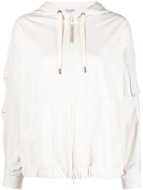 Jersey-knit drawstring zipped hoodie - Neutrals
