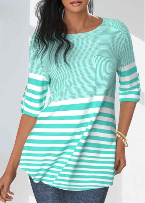 Modlily Mint Green Pocket Striped Half Sleeve T Shirt